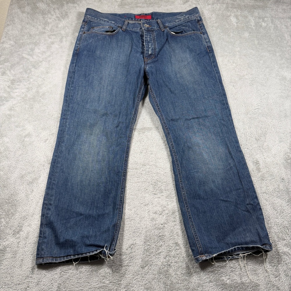 HUGO Hugo Boss Jeans Men 38x27 Blue Medium Wash Relaxed Straight Leg‎ Distressed